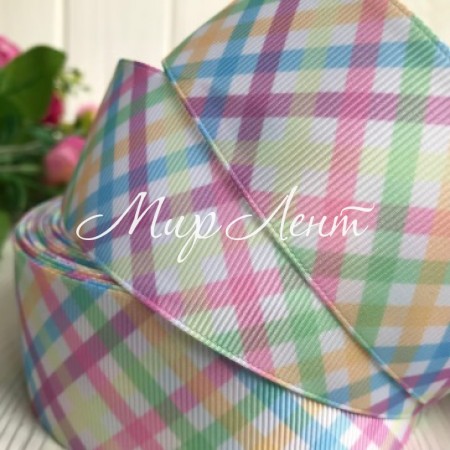 Репс 4 см, диагональная пастельная клетка на белом, рулон 23 м