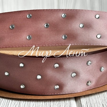 Атлас со стразами, 2,5 см, бежево-розовый, рулон 18,5 м