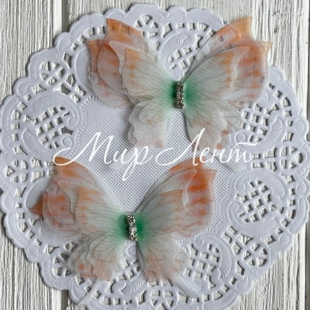 Шифоновий метелик тришаровий зі стразами (хамелеон), 6х5,5 см, помаранчево-зелений, упаковка 25 шт.