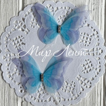 Шифоновий метелик тришаровий зі стразами (хамелеон), 5,7х5,5 см, лілово-бірюзовий, упаковка 25 шт.