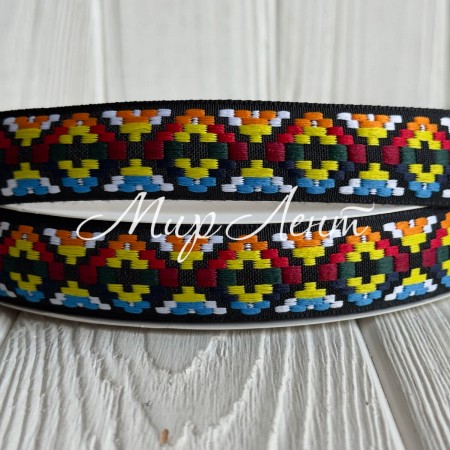 Лента с вышивкой (D19876), 2,5 см, черно-оранжево-красная, рулон 23 м