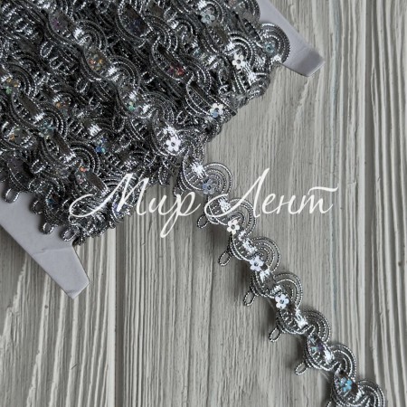 Тесьма с паетками (D30293), 1,8 см, серебро, рулон 13 м