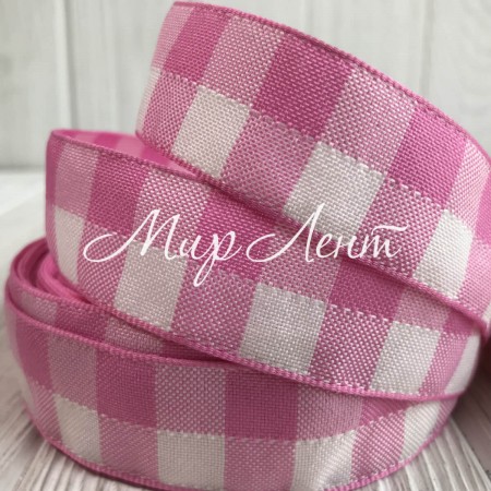 Котоновая лента крупная клетка, 1,5 см, розовая, рулон 18 м