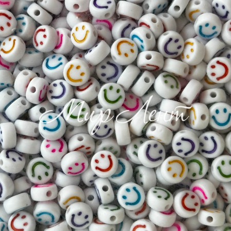 Бусина буква, 4х7 мм, круг (бело-цветной смайлик), упаковка 500 г