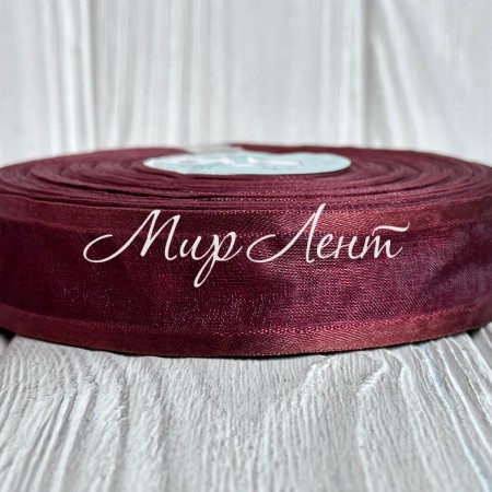 Органза з атласним кантом, 2,5 см, темно-бордовий, рулон 45 м