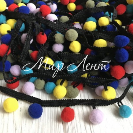 Тесьма с помпонами (big), 1,5 см, желтый-синий-красный, моток 28 ярдов