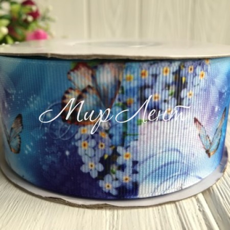 Репс 4 см, синие бабочки с цветами на синем, рулон 23 м