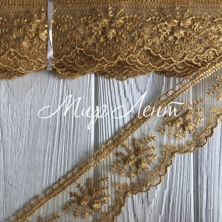 Кружево органзовое Розали, 6,5 см, горчичный, рулон 9 м