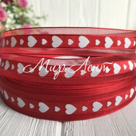 Органза с сердечками, 1,5 см, красный с белыми сердцами, рулон 45 м