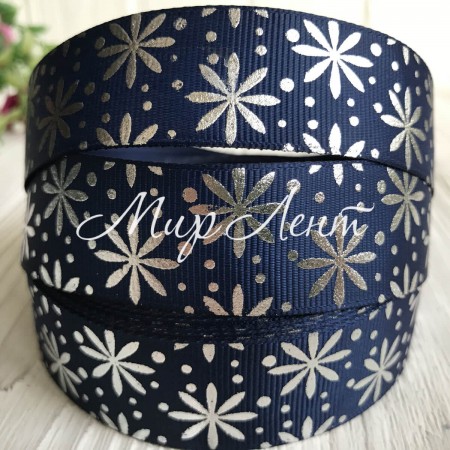 Репс с цветочком (фольга), 2,5 см, сапфировый с серебром, рулон 23 м