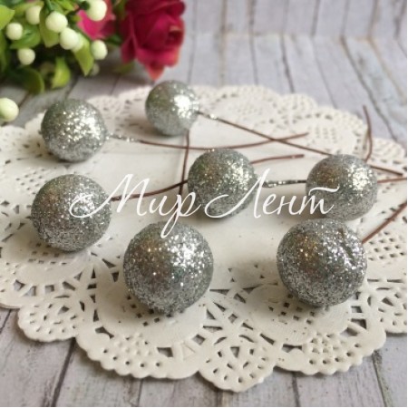 Шарик на проволоке с глитером, 1,5 см, серебро, упаковка 200 шт.