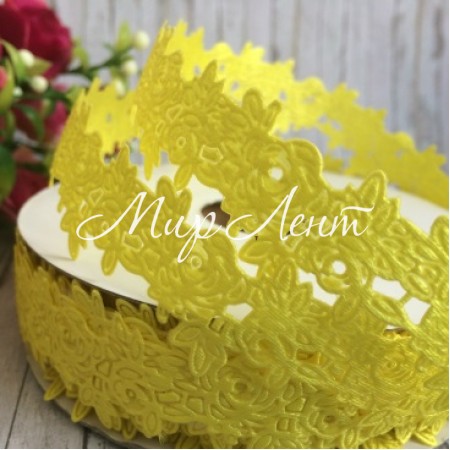 Кружевная лента розочка с листиком, 2,5 см, желтый, рулон 17,5 м