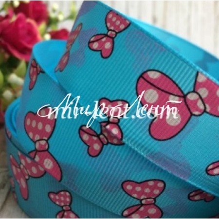 Репс 2,5 см, бантики, бирюзовый, рулон 23 м