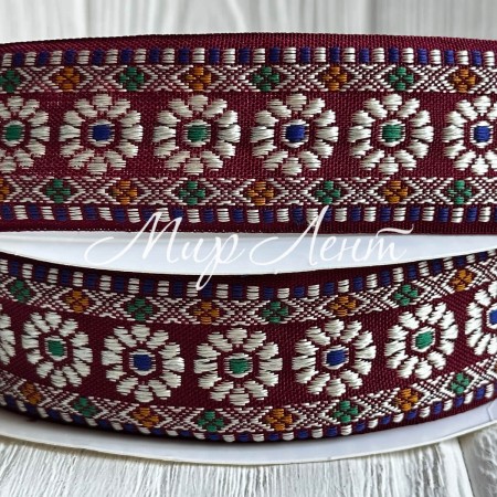 Лента с вышивкой (D19837), 3,5 см, бордово-белая, рулон 23 м