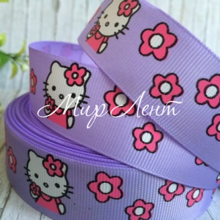 Репс 2,5 см, Китти с цветочками, лиловый, рулон 23 м