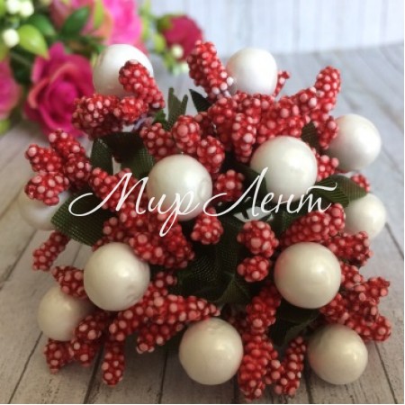 Веточка красная с белыми ягодками, упаковка 12 пучков (144 шт.)