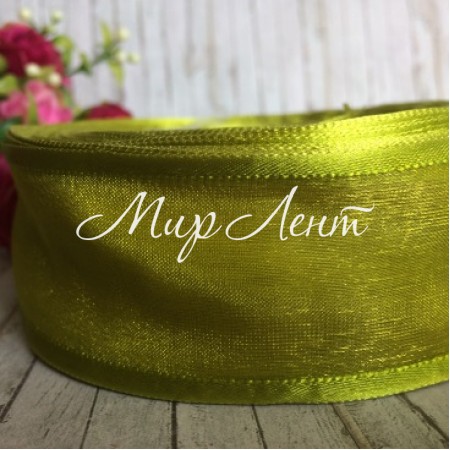 Органза с атласным кантом, 4 см, оливковый, рулон 45 м