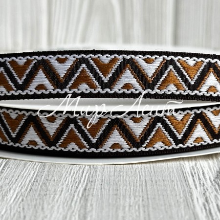 Лента с вышивкой (D19816), 1,5 см, бело-коричневая, рулон 23 м