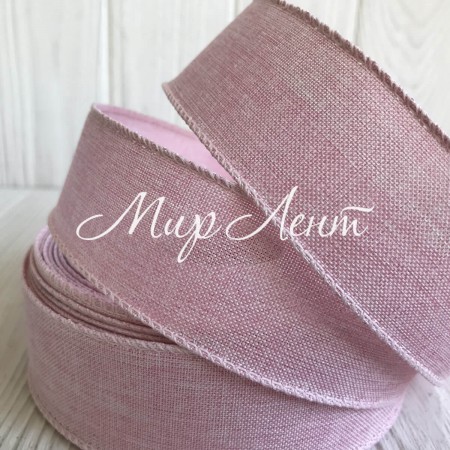 Котоновая лента с проволочным кантом, 3,8 см, светло-розовая, рулон 23 м