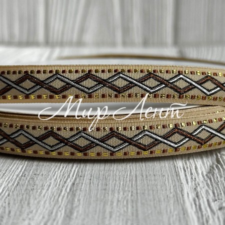 Лента с вышивкой (D19805), 1,2 см, бежево-коричневая, рулон 23 м