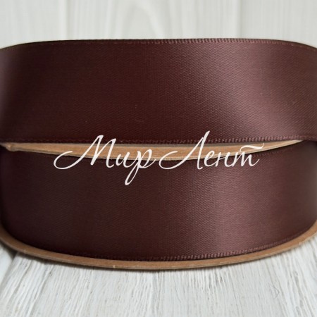 Двостороння атласна стрічка New (преміум), 2,5 см, темно-шоколадна, рулон 23 м