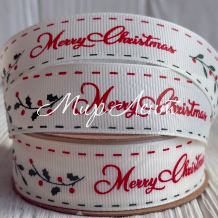 Репс 2,5 см, Merry Christmas (веточка с ягодками), молочный, рулон 23 м
