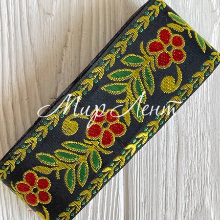 Тісьма вишиванка, 5 см, горобина на чорному, рулон 9 м