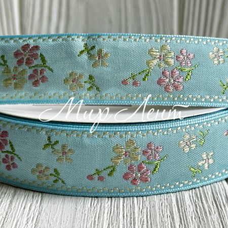 Лента с вышивкой (D19826), 2,5 см, голубая, рулон 23 м
