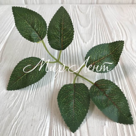 Листики розы маленькие на веточке (6 шт.), 16,5х10,5 см, зеленый, упаковка 100 шт.