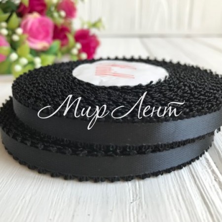 Атлас двухсторонний с петельками 0,6 см, черный, рулон 20 ярдов