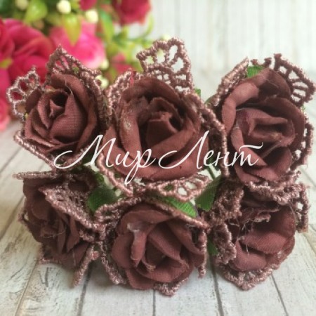 Роза тканевая (с кружевом), 2 см, баклажановая, упаковка 10 пучков
