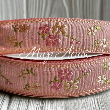 Стрічка з вишивкою (D19827), 2,5 см, рожева, рулон 23 м