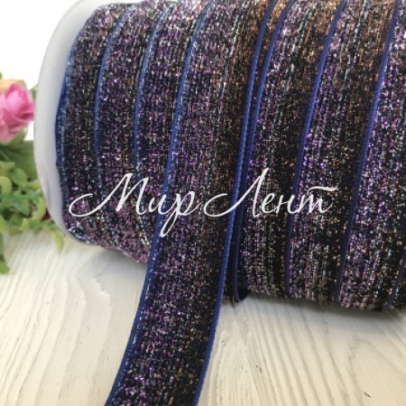 Лента велюр омбре с люрексом, 2,5 см, темно-синий, рулон 45 м