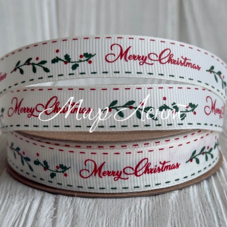 Репс 1,5 см, Merry Christmas (веточка с ягодками), молочный, рулон 23 м