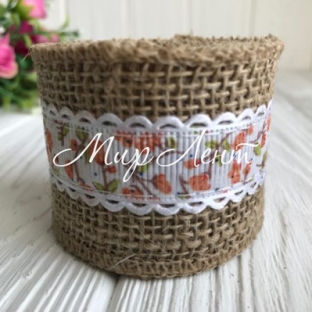 Лента мешковина с лентой-розочкой, 5 см, оранжевый, рулон 2 ярда