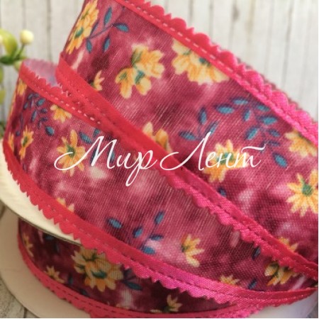 Лента тканевая с кружевным краем (цветы), 2,5 см, малиновый, рулон 17,5 м 