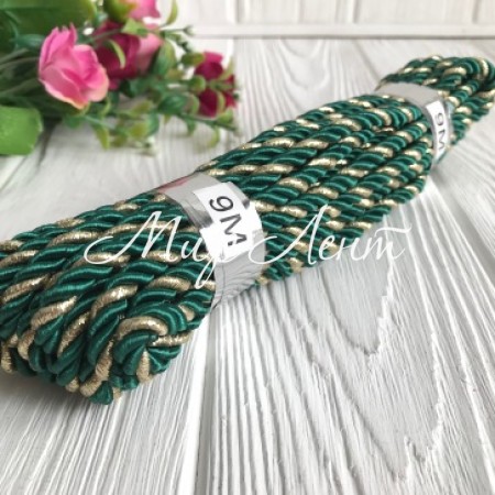 Шнур декоративный, 5 мм, зелено-золотой, рулон 9 м