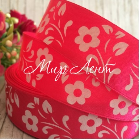 Атлас цветок-листик, 2,5 см, малиновый, рулон 45 м