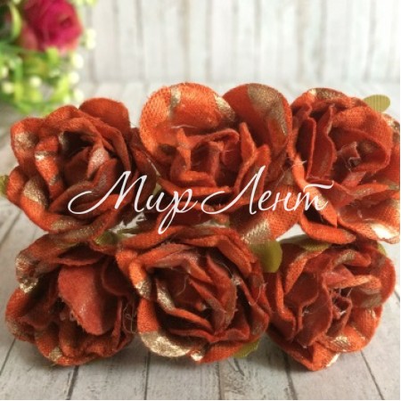 Роза тканевая с блеском, 2,5 см, кирпичный с золотом, упаковка 48 шт.