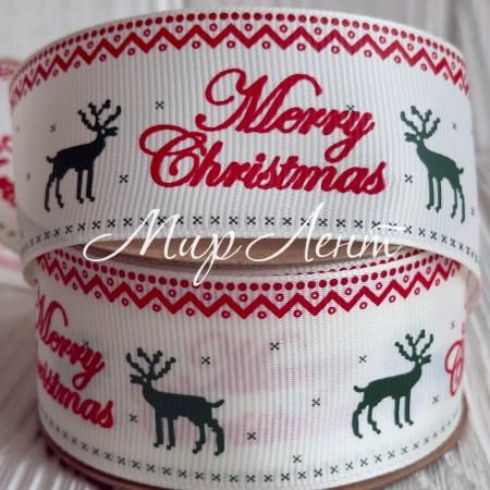 Репс 4 см, Merry Christmas (олень), молочный с красно-зеленым, рулон 23 м