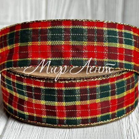 Лента шотландка, 2,5 см, зелено-красно-золотая, рулон 18,5 м