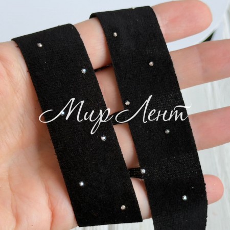 Лента велюр со стразами, 2,5 см, черная, рулон 45 м