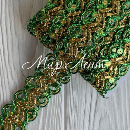 Тесьма с паетками (D30290), 3,8 см, зеленая с золотом, рулон 13 м