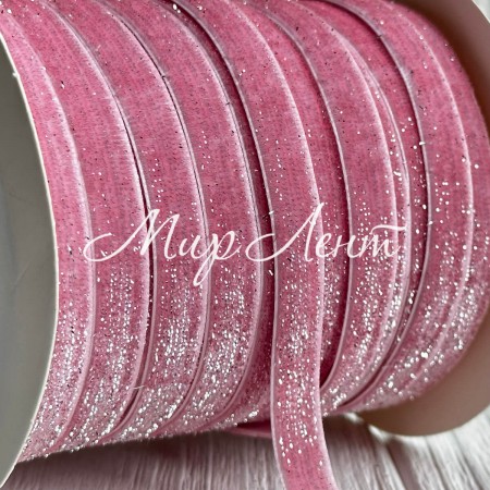 Стрічка велюр з перламутром, 1 cм, рожевий, рулон 45 м