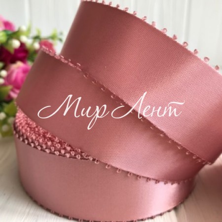 Атлас двухсторонний с петельками 2,5 см, пудровый, рулон 20 ярдов